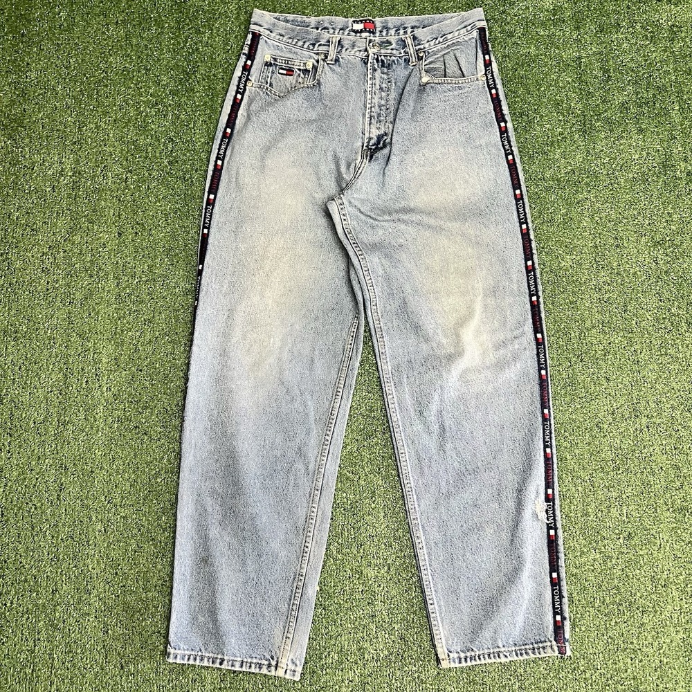Vintage 1990s Y2K Tommy Hilfiger Sideline Stripe Jeans Light Wash Mens 34x32